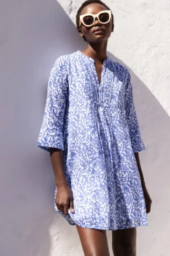 Online 3/4 Sleeve Pintuck Short- Cypress Blue Short & Mini Dresses|Maxis