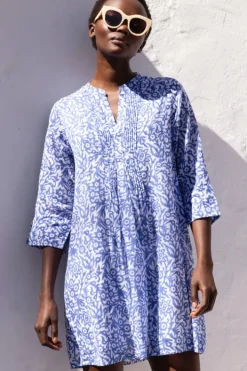 Online 3/4 Sleeve Pintuck Short- Cypress Blue Short & Mini Dresses|Maxis