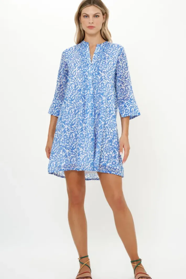 Online 3/4 Sleeve Pintuck Short- Cypress Blue Short & Mini Dresses|Maxis