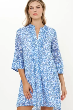 Online 3/4 Sleeve Pintuck Short- Cypress Blue Short & Mini Dresses|Maxis