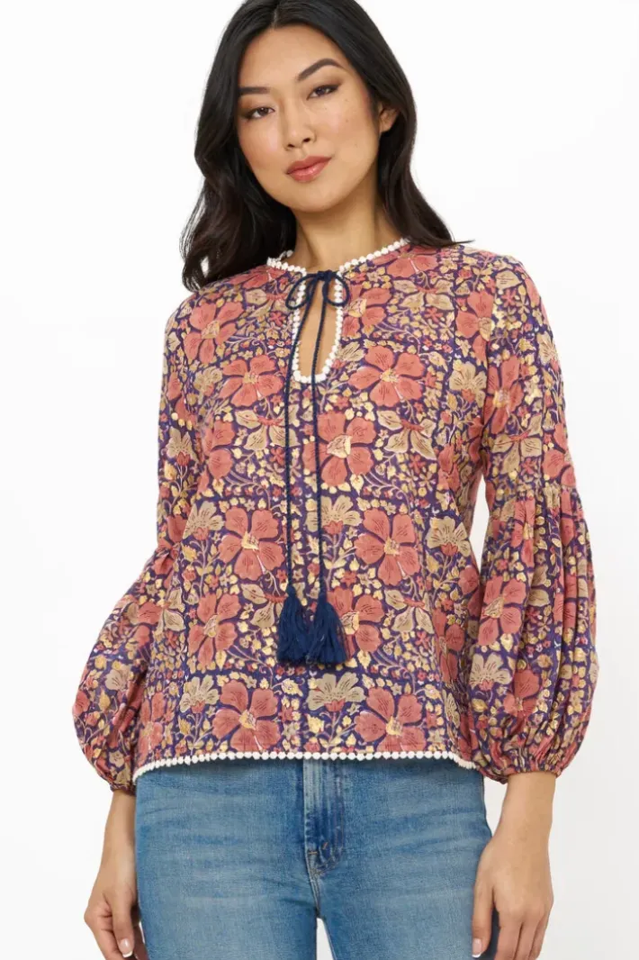 New Balloon Sleeve Tie Top- Matera Navy Tops