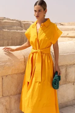 Outlet Belted Shirt Dress- Tuki Marigold Midis|Maxis