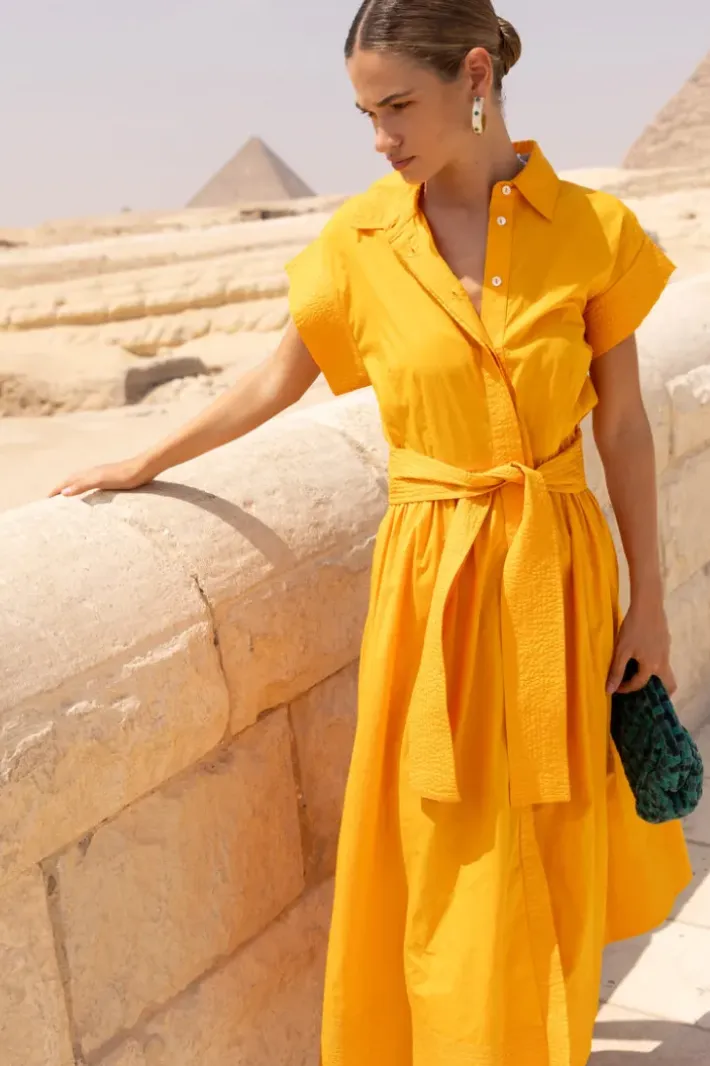 Outlet Belted Shirt Dress- Tuki Marigold Midis|Maxis