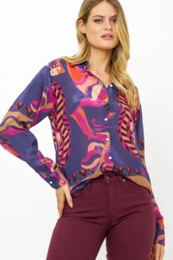 Discount Button Down Blouse- Arabia Navy Tops