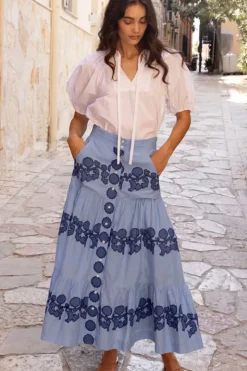 Outlet Button Front Skirt- Tangier Blue Skirts