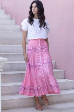 Clearance Button Front Skirt- Tangier Pink Skirts