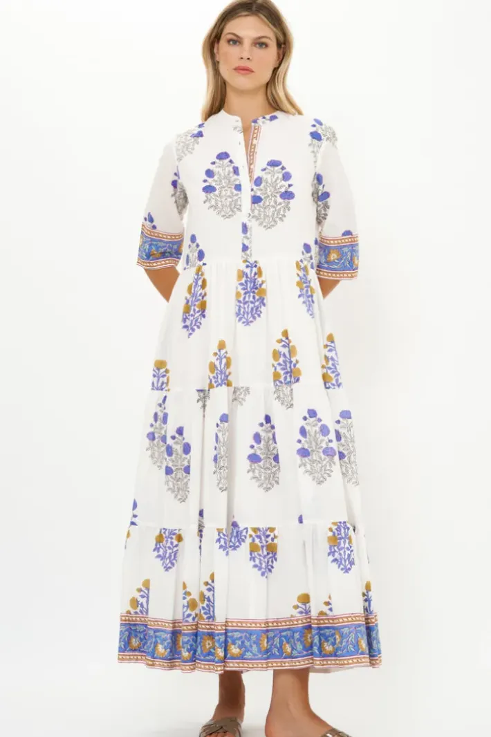 Button Neck 3/4 Sleeve Maxi- Napa Blue Maxis|Dresses