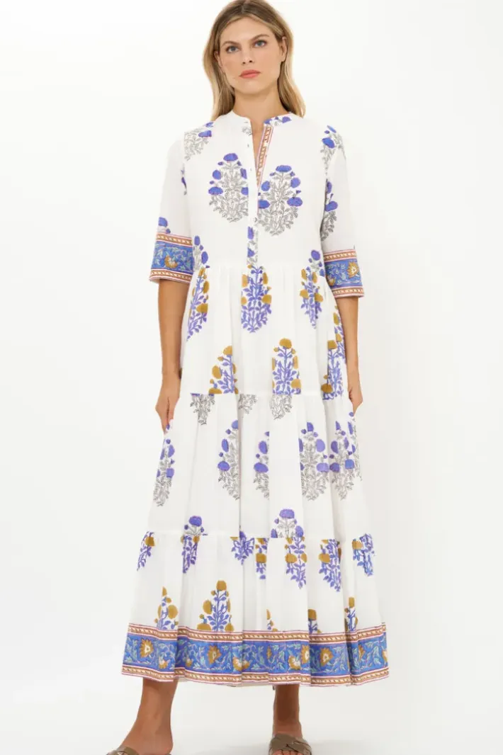 Button Neck 3/4 Sleeve Maxi- Napa Blue Maxis|Dresses