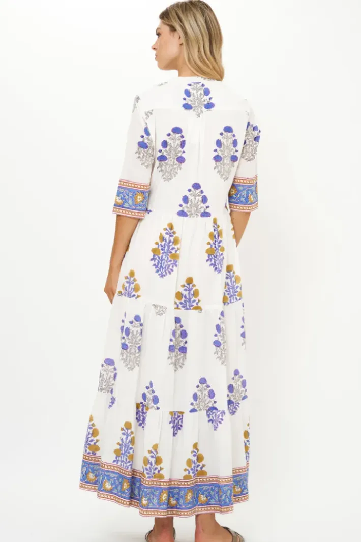 Button Neck 3/4 Sleeve Maxi- Napa Blue Maxis|Dresses