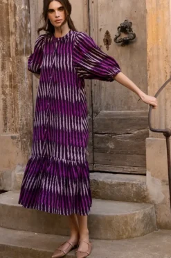 Clearance Button Puff Midi- Ikat Purple Midis