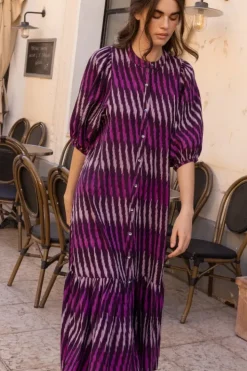 Clearance Button Puff Midi- Ikat Purple Midis