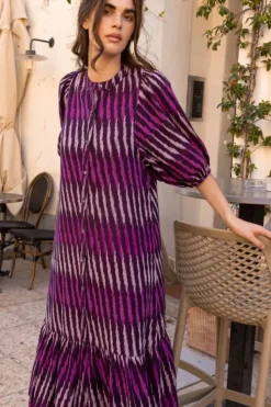 Clearance Button Puff Midi- Ikat Purple Midis