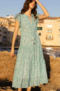Clearance Cinched Flirty Midi- Cypress Jade Dresses