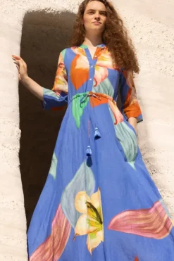 New Cinched Shirt Dress Maxi- Hibiscus Blue Maxis|Dresses