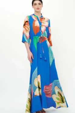 New Cinched Shirt Dress Maxi- Hibiscus Blue Maxis|Dresses