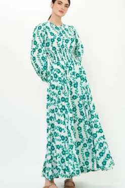 Online Crew Neck Smocked Waist Maxi- Toscana Green Maxis|Dresses