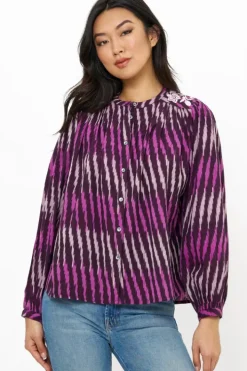 Online Embroidered Long Sleeve Top- Ikat Purple Tops