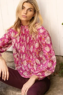 Discount Long Sleeve Pintuck Blouse- Presidio Magenta Tops