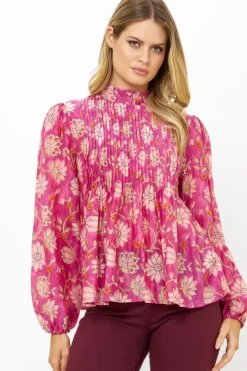 Discount Long Sleeve Pintuck Blouse- Presidio Magenta Tops