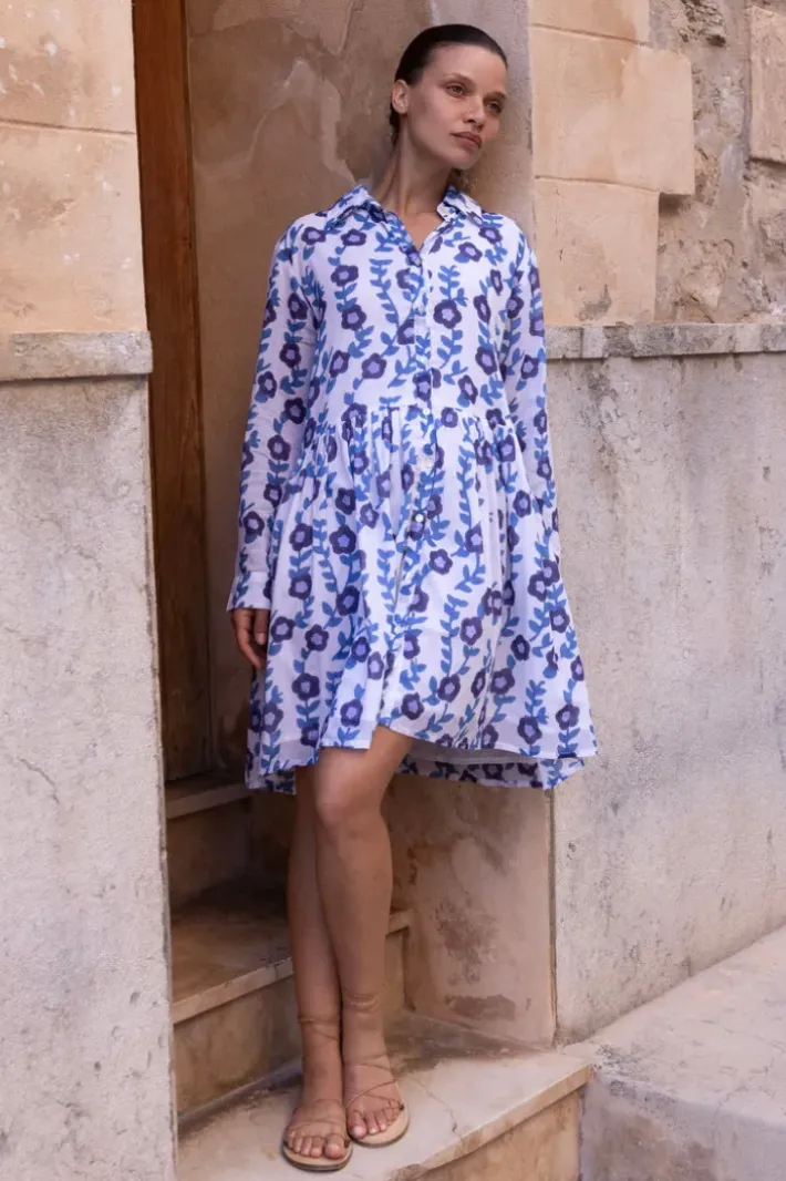 Online Long Sleeve Shirt Dress Mini- Toscana Blue Short & Mini Dresses|Dresses