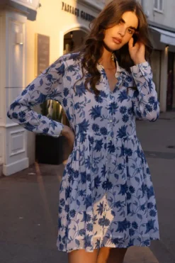 Clearance Long Sleeve Shirt Dress Mini- Marion Blue Short & Mini Dresses|Dresses