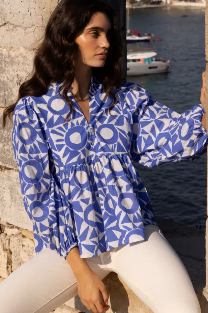 Outlet Mandarin Balloon Top- Eclipse Blue Tops
