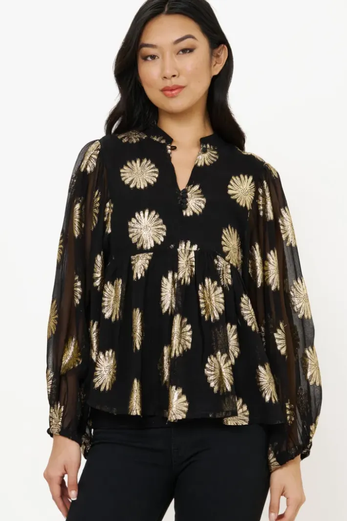 Hot Mandarin Balloon Top- Peony Black Tops
