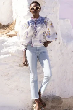 Clearance Mandarin Pintuck Blouse- Napa Blue Tops