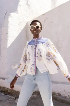 Clearance Mandarin Pintuck Blouse- Napa Blue Tops