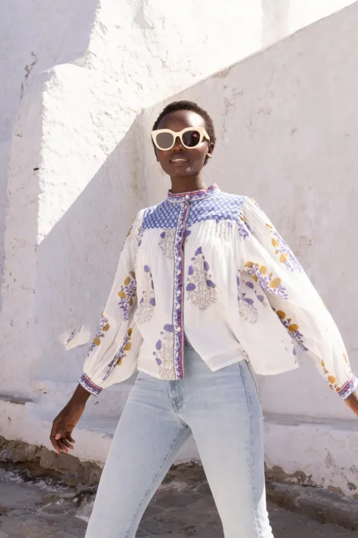 Clearance Mandarin Pintuck Blouse- Napa Blue Tops