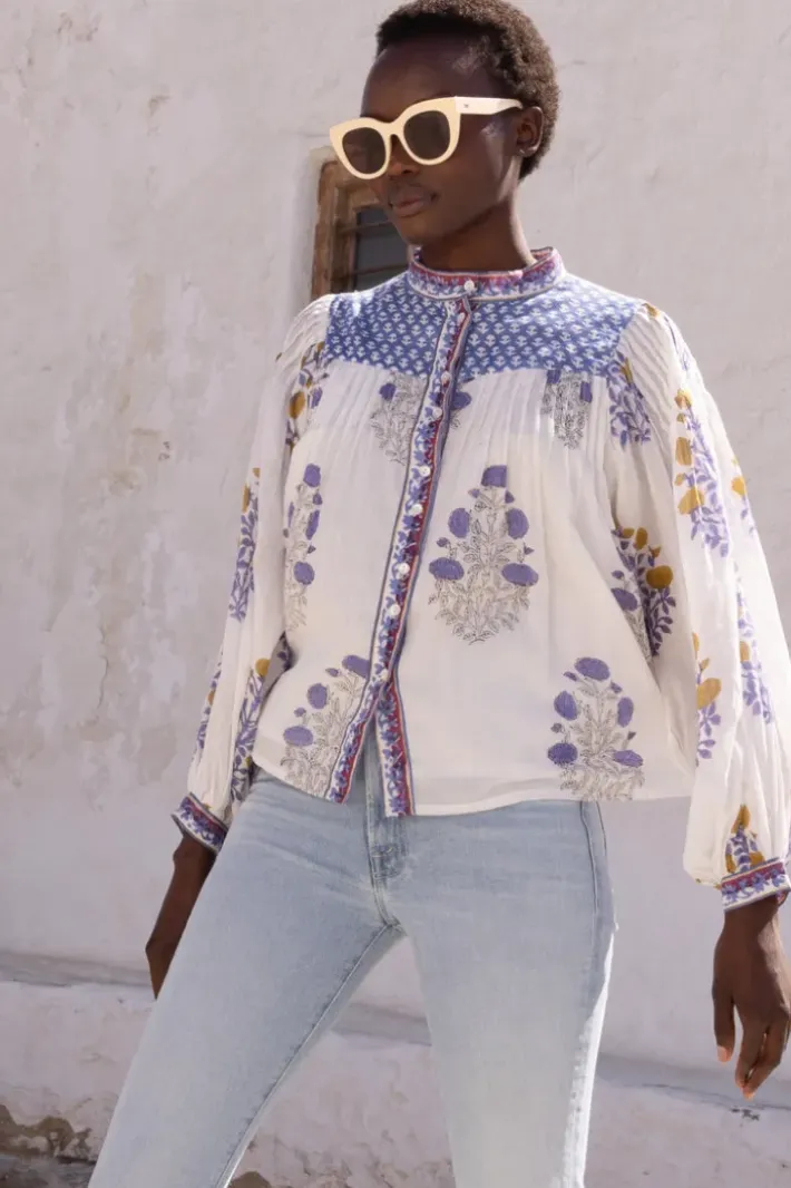 Clearance Mandarin Pintuck Blouse- Napa Blue Tops