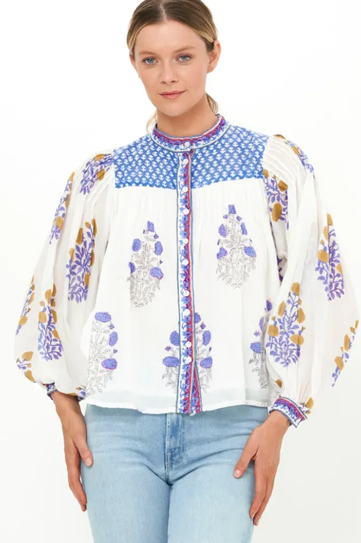Clearance Mandarin Pintuck Blouse- Napa Blue Tops