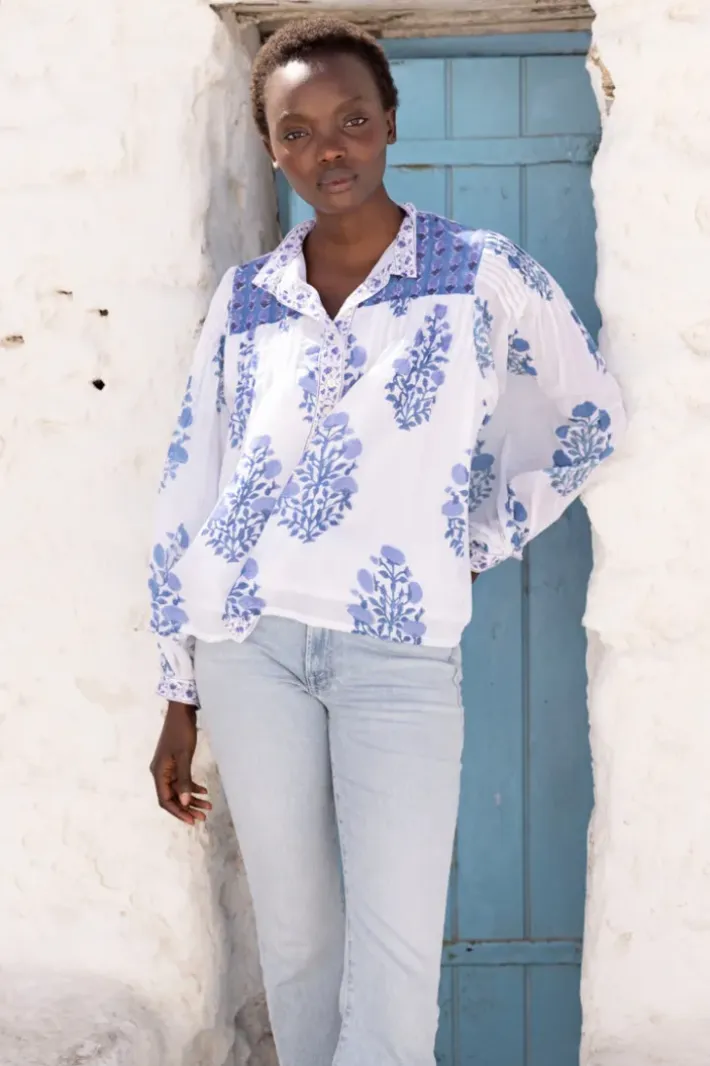 Hot Mandarin Pintuck Blouse- Salvia Blue Tops