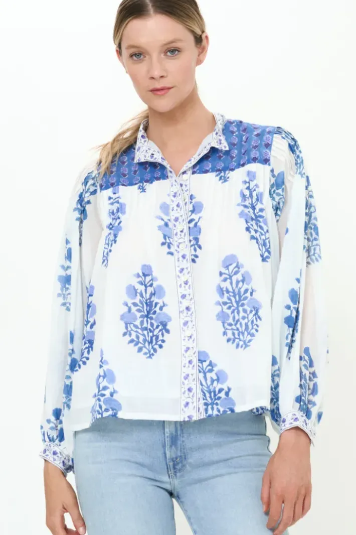 Hot Mandarin Pintuck Blouse- Salvia Blue Tops