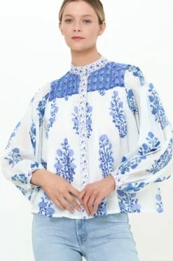 Hot Mandarin Pintuck Blouse- Salvia Blue Tops
