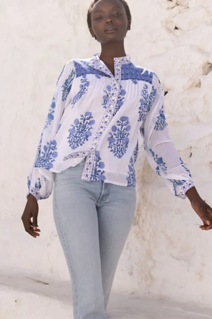 Hot Mandarin Pintuck Blouse- Salvia Blue Tops