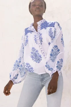 Hot Mandarin Pintuck Blouse- Salvia Blue Tops