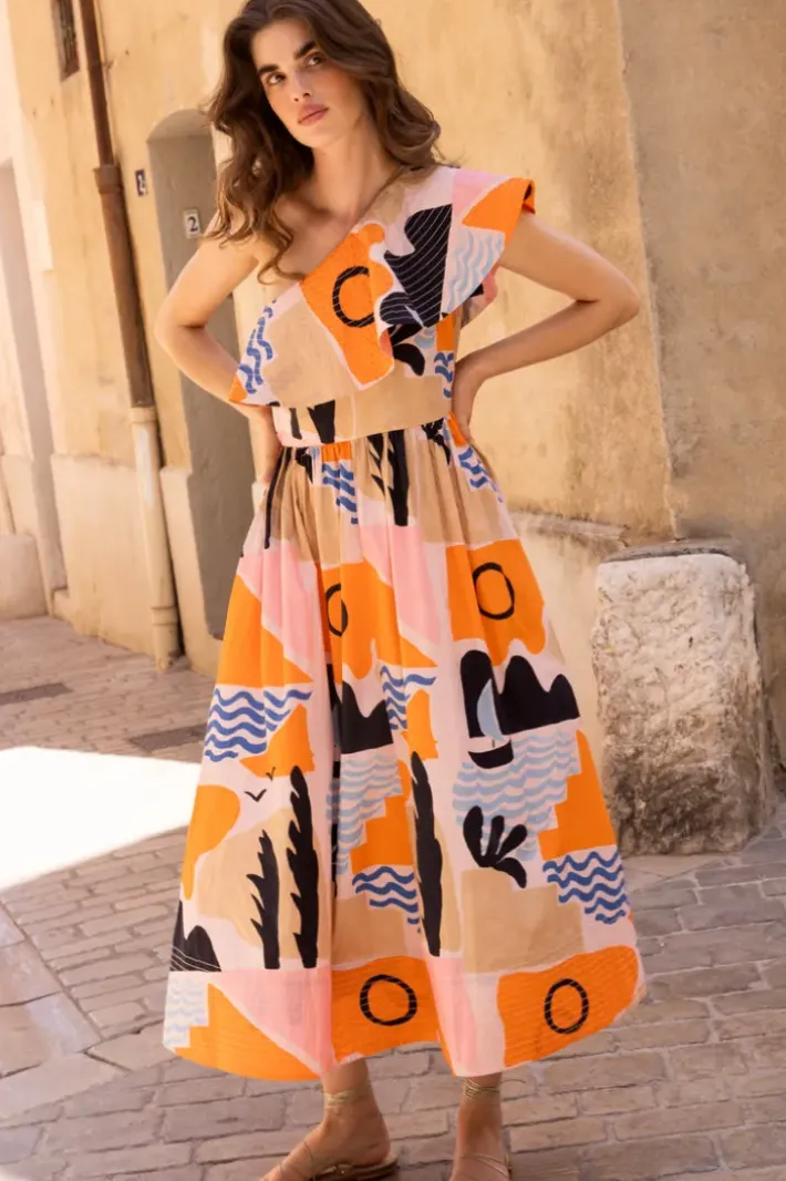 Clearance One Shoulder Ruffle Maxi- Riviera Orange Maxis|Dresses