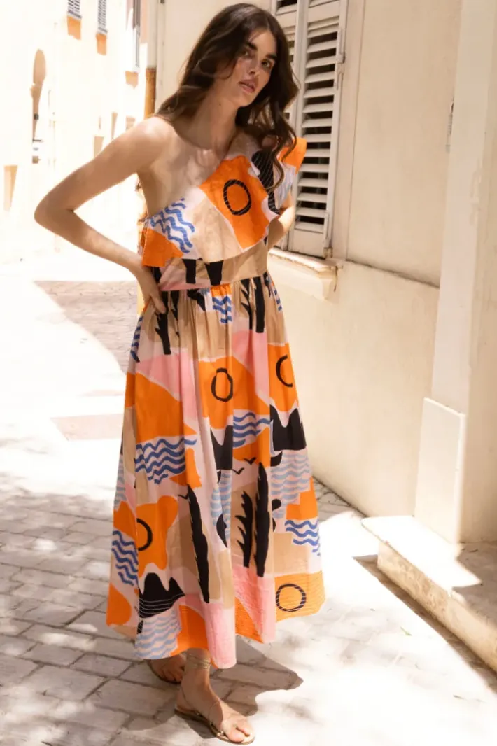 Clearance One Shoulder Ruffle Maxi- Riviera Orange Maxis|Dresses