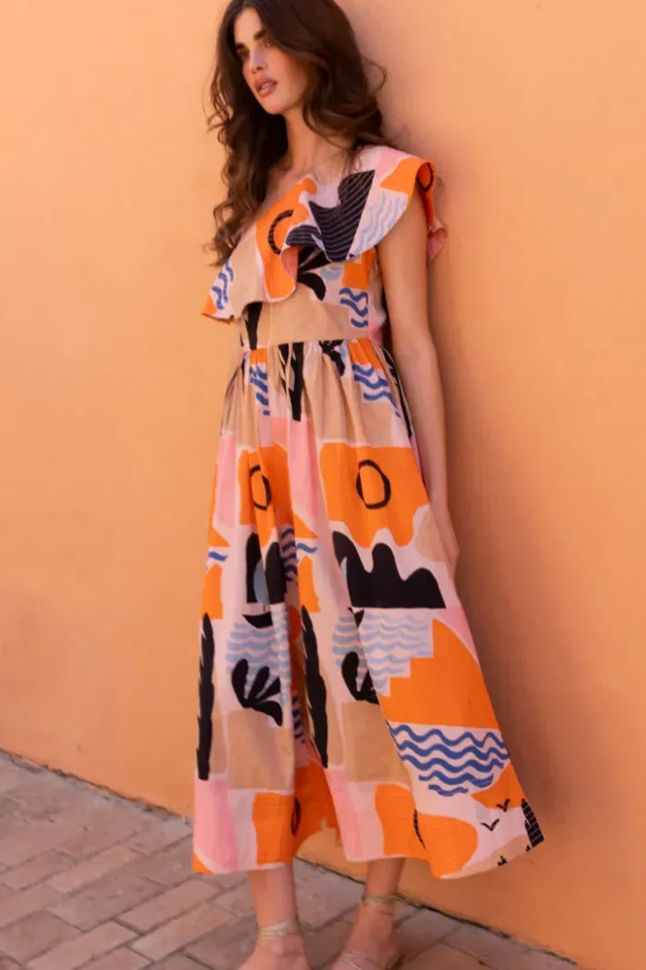Clearance One Shoulder Ruffle Maxi- Riviera Orange Maxis|Dresses
