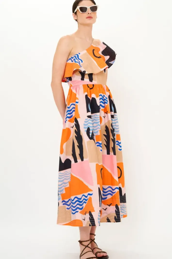 Clearance One Shoulder Ruffle Maxi- Riviera Orange Maxis|Dresses