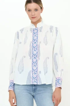 Pintuck Button Front Blouse- Aptos Blue Tops