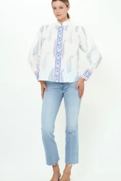 Pintuck Button Front Blouse- Aptos Blue Tops