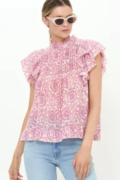 Pintuck Ruffle Top- Malta Pink Tops