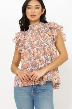 Pintuck Ruffle Top- Montenegro Coral Tops