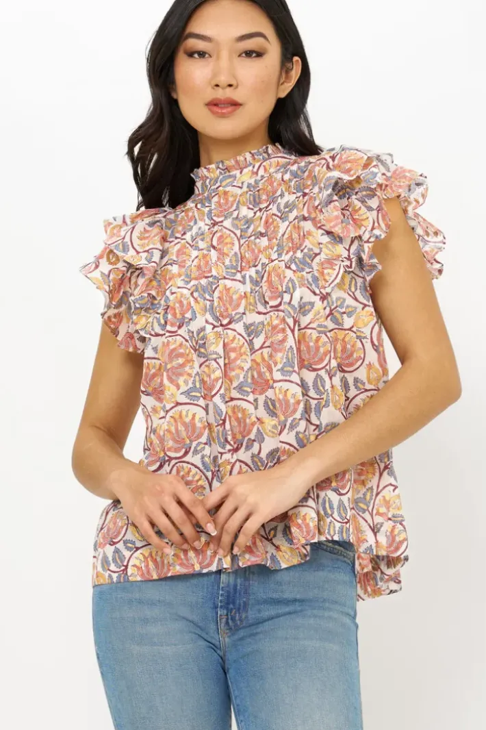 Pintuck Ruffle Top- Montenegro Coral Tops