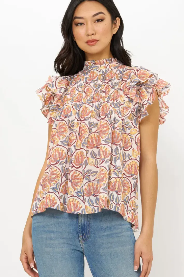 Pintuck Ruffle Top- Montenegro Coral Tops