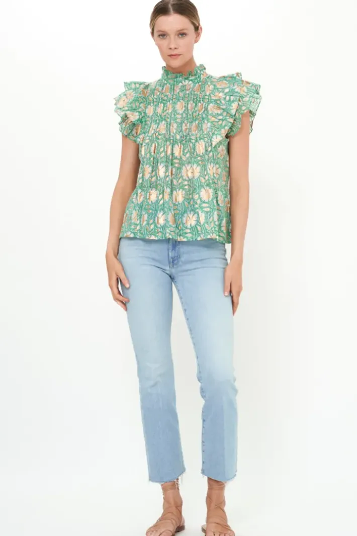 Best Pintuck Ruffle Top- Mughal Green Tops