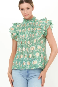 Best Pintuck Ruffle Top- Mughal Green Tops