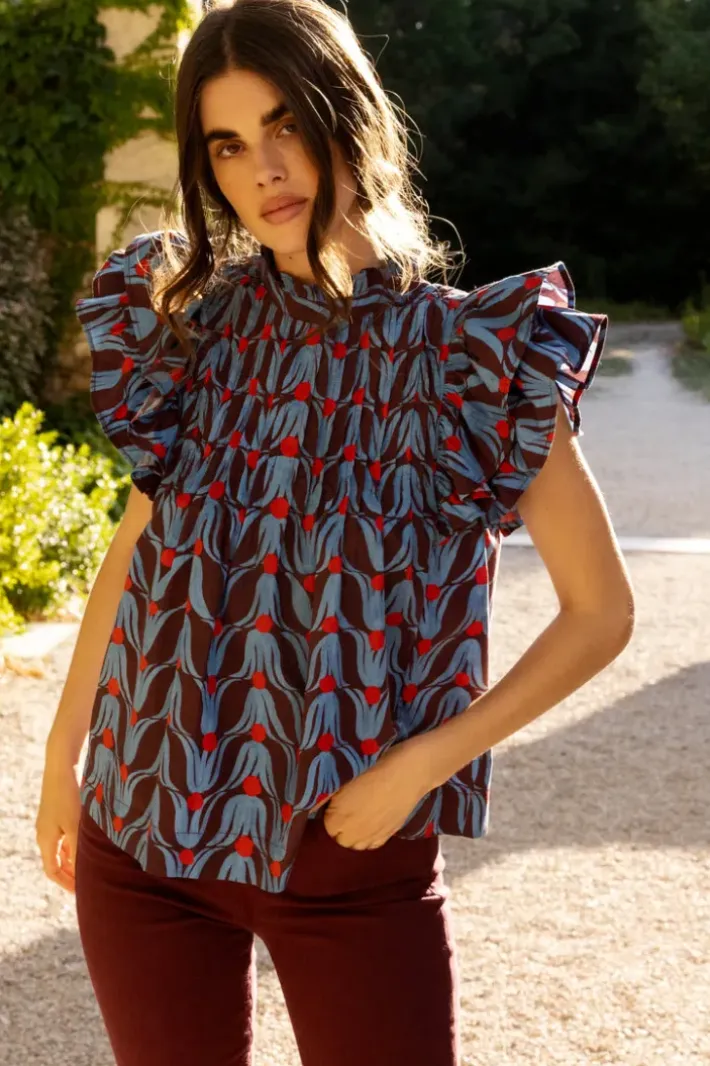 Online Pintuck Ruffle Top- Tulip Red Tops